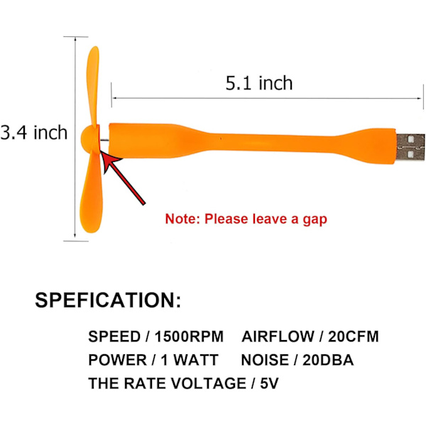 USB Fleksibel Vifte, Mini Bærbar Kjølevifte USB-drevet for Powerbank Bærbar PC AC-lader - 2-pakning (Oransje) Orange