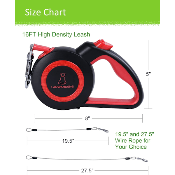 Bidsikre trækbare hundeliner med 2 kraftige tyggefaste stålwirer, 16FT liner 360° knækfrie til 2 hunde, dobbelt hundeline til små/mellemstore/ Red L Large