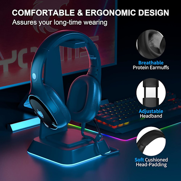 H-8 PC-spelheadset för PS4, PS5, handkontroll, Xbox One-headset med stereoljud, over-ear-hörlurar med brusreducerande mikrofon, LED-ljus, volym