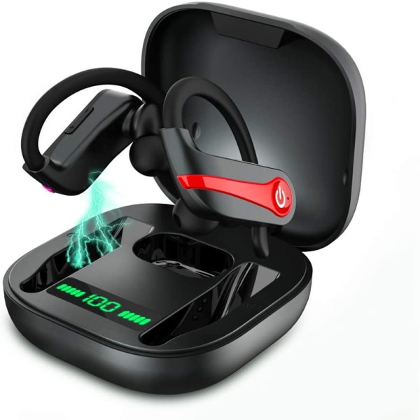 Trådlösa hörsnäckor, Bluetooth 5.1 sporthörlurar med case, 10 timmars enda speltid Öronkrokar Headset, trådlös hörlurar 6D stereo HiFi-ljud