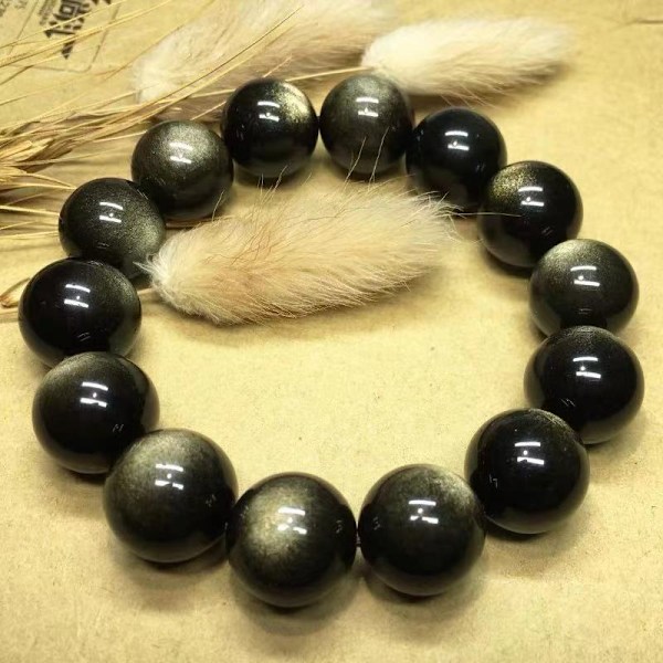 Tibetansk Mala-pärla Guld Obsidian Buddhistisk Buddha Bönpärlor Armband, Stretch String, Unisex (12MM)