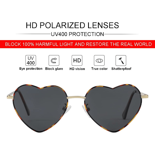 Polariserede hjerteformede solbriller til kvinder - Fashion Lovely Style Metal Frame UV400 beskyttelsesglas Tortoise Grey 54 Millimeters