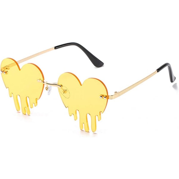AVEKI Melting Heart Sunglasses for Men/Women Rimless Irregular Party Unique Sun Glasses Metal Prom Halloween Colorful Eye Glasses, Yellow