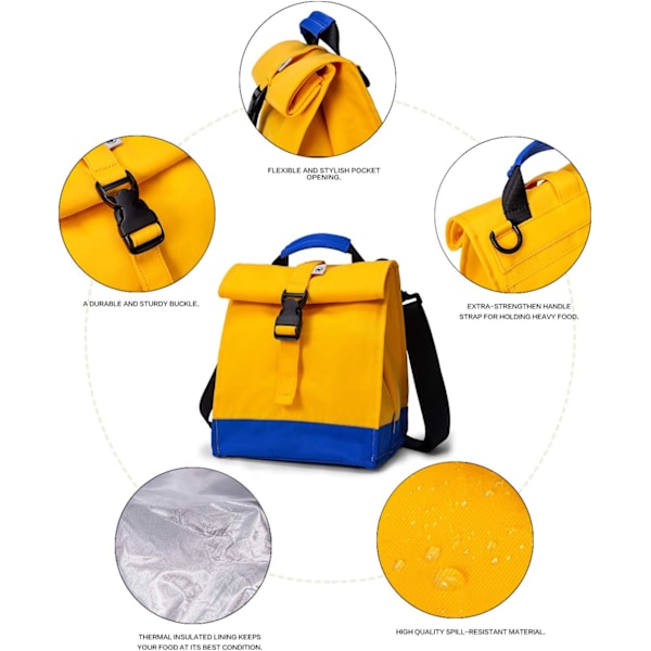 Isolert lunsjpose Rolltop lunsjboks Tote lunsjpose for kvinner, menn, gutter og jenter (gul) Yellow