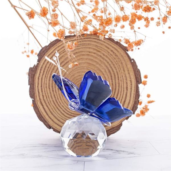 Krystal Flyvende Sommerfugl med Krystal Kuglebase Figur Samling Skåret Glas Ornament Statue Dyr Samleobjekt (Blå)