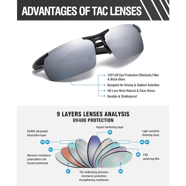 Polariserade solglasögon för män med UV-skydd - 8177s Black Frame Silver Lens