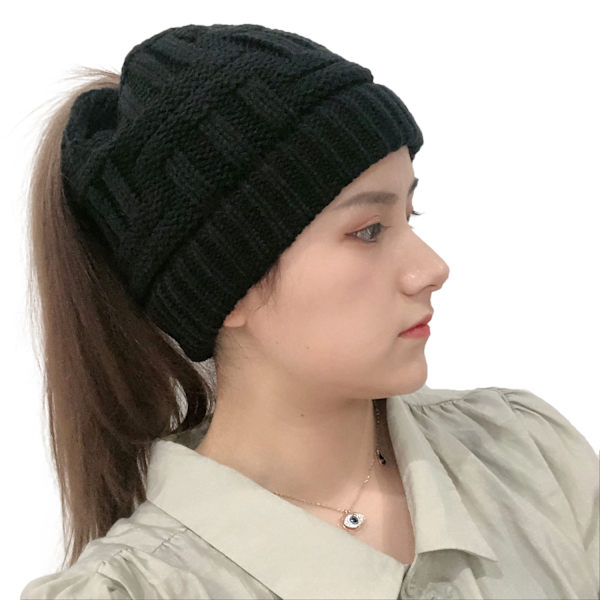 Ponytail Messy Bun BeanieTail Dame Beanie Solid Ribstrikket Hat Cap