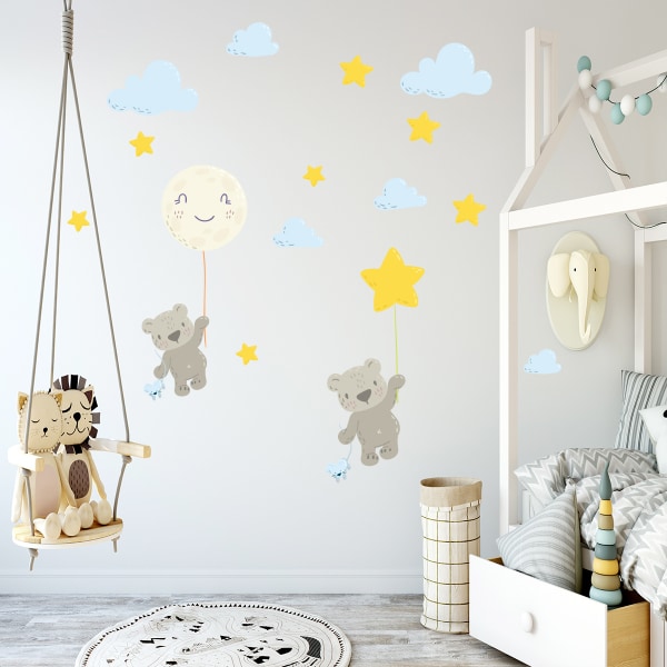 Sarjakuva söpö ruskea karhu kuupilvessä tähti-seinätarralla, irrotettava pieni karhu print Kuvia lastenhuoneeseen lastenhuoneeseen