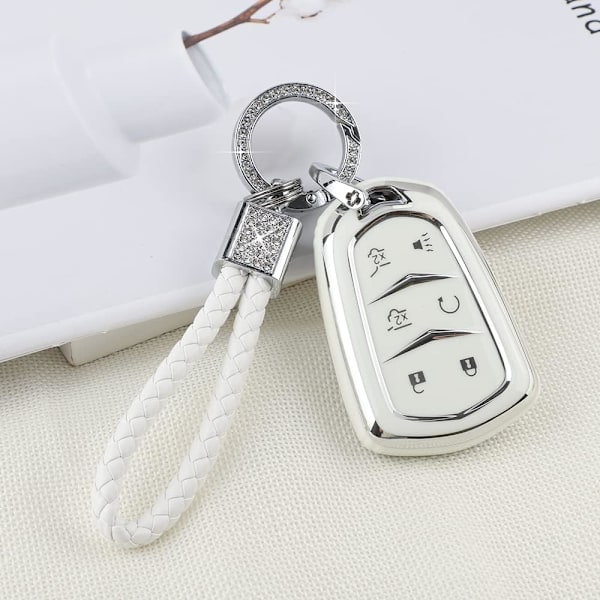 Escalade nøkkelringdeksel for Cadillac 6 knappers Smart Keys Case Proector Tilbehør TPU Myk Bling Nøkkelring Hvit Sølv Jentete Søt for Cadillac