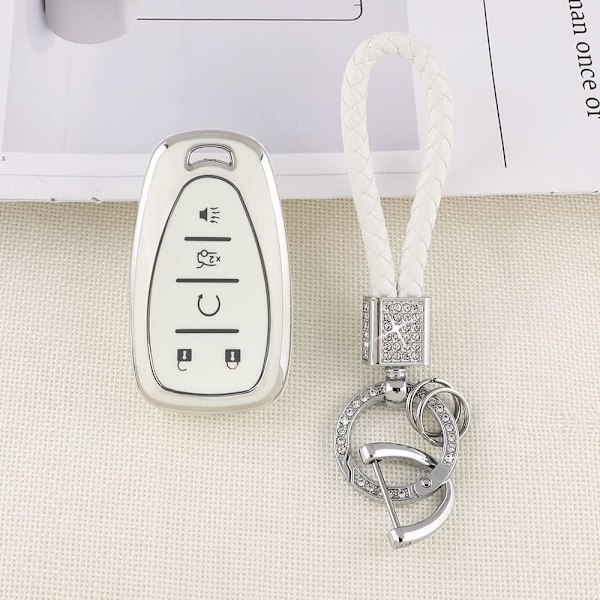 Nyckelringsskydd för Chevy Keychain Bling Vit Silver TPU 5 Knappars Bilnyckelfodral Skal Skydd för Chevrolet Equinox Traverse Blazer Trailblazer