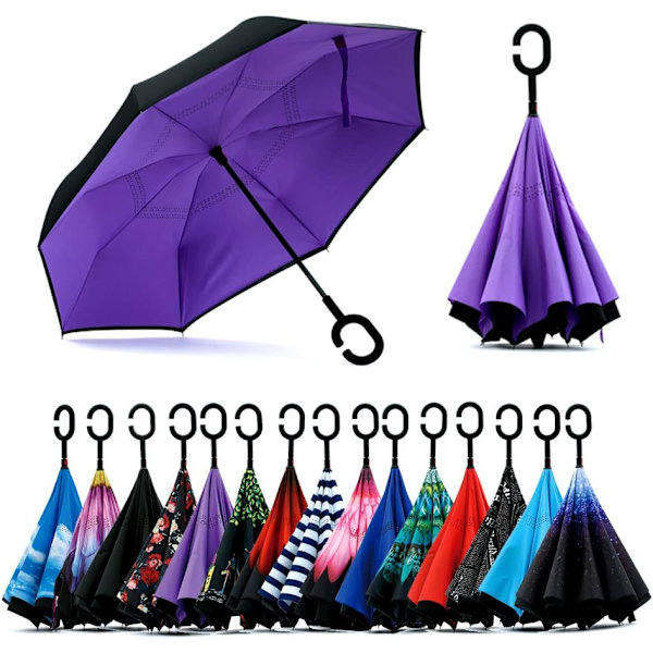 49 tommers omvendt paraply med dobbel baldakin, ekstra stor, vindtett, vanntett paraply med C-formet håndtak. Purple 49 Inch