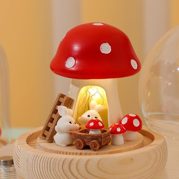 Svampe Lampe - USB Drevet LED Lys i Glaskuppel, Mini Falsk Svampe Natlampe til Soveværelse, Fest og Have Dekorationer, Sød Svampe