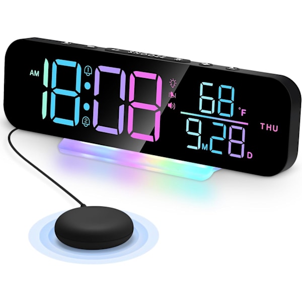 Ekstra høj vibrerende vækkeur med sengevibrator til tunge sovende, hørehæmmede døve, justerbar lydstyrke, dæmper, stort LED-digitalt display med RGB-natlys Black