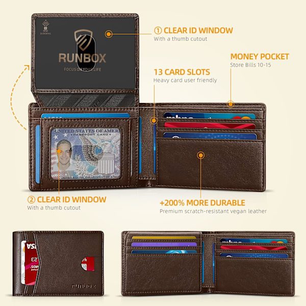 Herr Läder Bifold Stilren Plånbok för Män 15 Fack RFID-Blockering med 2 ID-Fönster Presentförpackning Classic Coffee