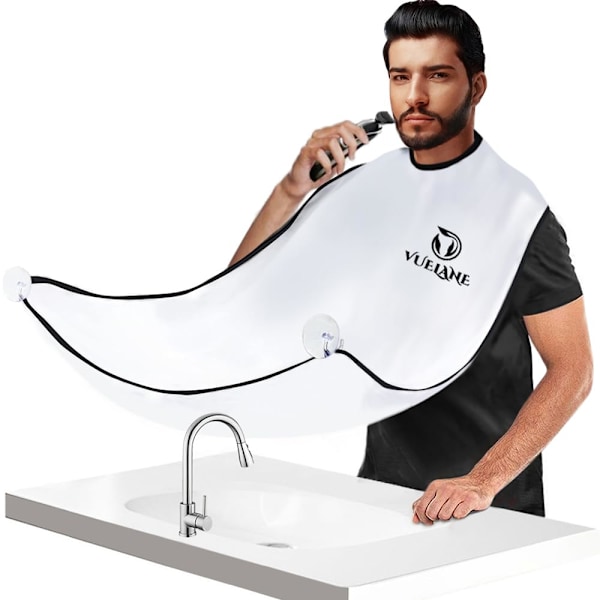 Beard Bib - Beard Bib Hair Catcher for Men Shaving - Non-Stick Beard Bib Apron with Strong Suction Cups - Grooming Gifts for Husband, Dad - White