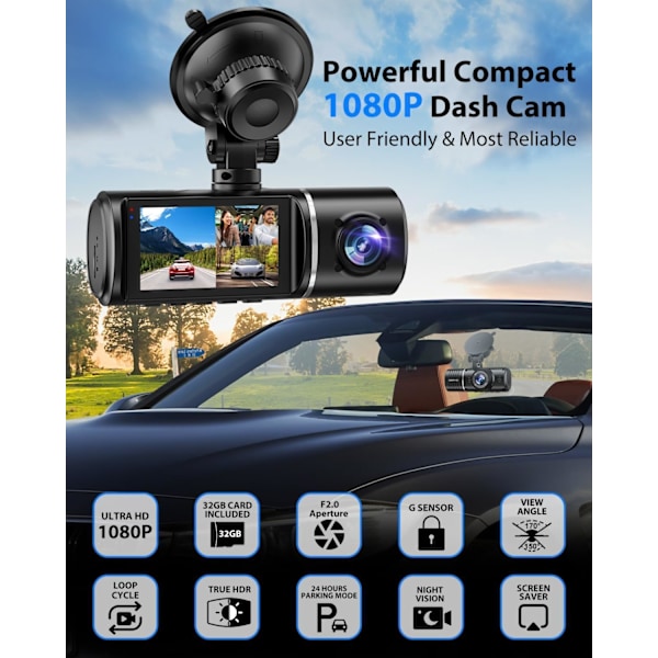 Dash Cam, 3-kanals dashcam, 1080P dashcam foran og innvendig, trippel dashcam, dashkamera med 32 GB-kort, HDR, G-sensor, 24-timers parkering, løkkeopptak