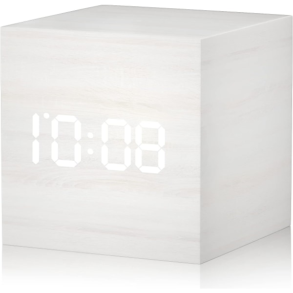 Digital väckarklocka LED-lampa i trä Multifunktionell modern kub visar datumtemperatur för resor hemmakontor (vit)