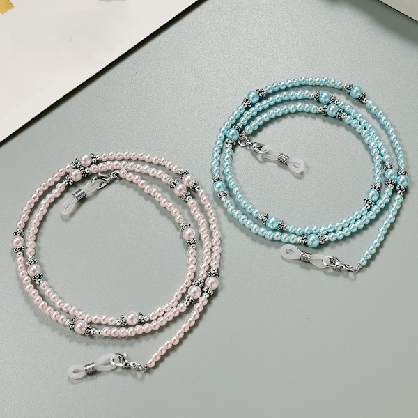 2 st Multifunktionella Blomsterpärla Glasögon Lanyard, Maskrem Pärlad Glasögon Halsband Kedja Sladd, Universal(Blå,Rosa)