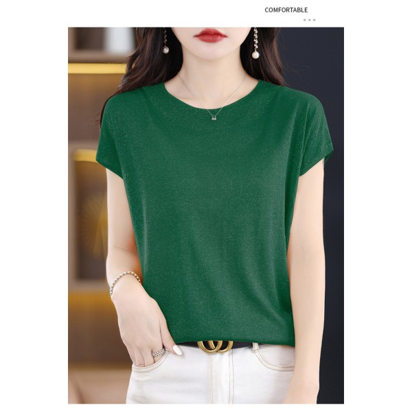 Sommer Ny Casual Kortærmet Dame Rund Hals Strik Sweater Ærme T-shirt Løs Western-stil Lys Silke Elegant Top Dark Green L