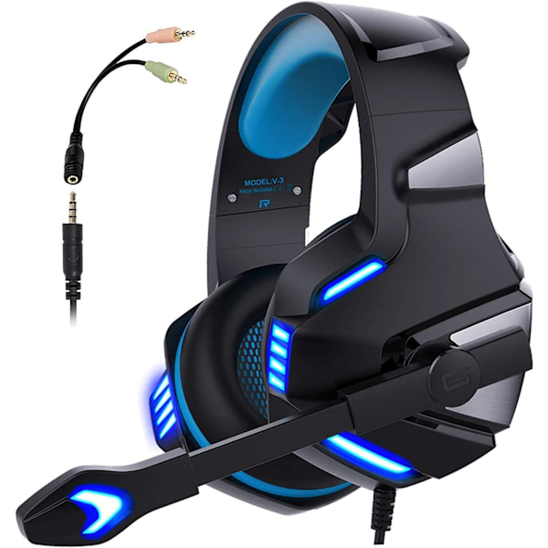 Gaming Headset til Xbox One, PS4, PC, Over Ear Gaming Hovedtelefoner med Støjreducerende Mikrofon LED Lys, Stereo Bas Surround, Bløde Memory Øremuffer til