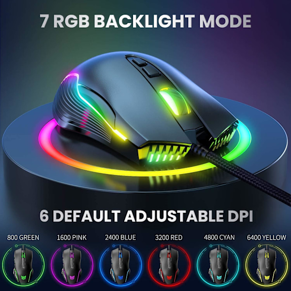 RGB Spillmus Trådløs, USB Optisk Datamus med RGB Bakgrunnsbelysning, 6 Justerbare DPI Opptil 6400, med 7 Programmerbare Knapper Black