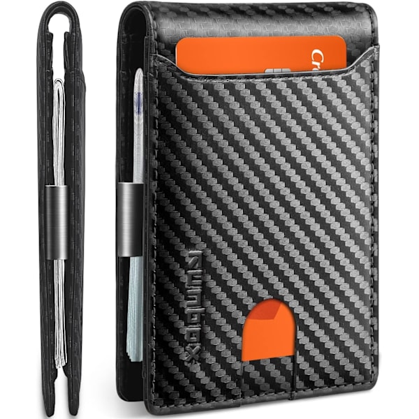 Slanke tegnebøger til mænd - Læder pengeklips til mænd - RFID-blokerende frontlomme Bifold-pung - Minimalistisk kreditkortholder med gaveæske Carbon Black