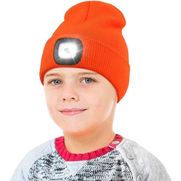Mössa med barnljus, USB uppladdningsbar handsfree LED- cap Vinterstickad Nattlampa Hatt Ficklampa orange