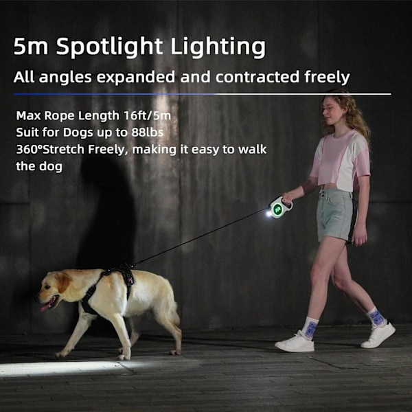 Retrakterbar hundkoppel uppgraderad uppladdningsbar med LED-ljus, enhands broms och upplåsning trasselfri husdjurskoppel 16ft/5m nylonband för upp till 88lbs Sma Black