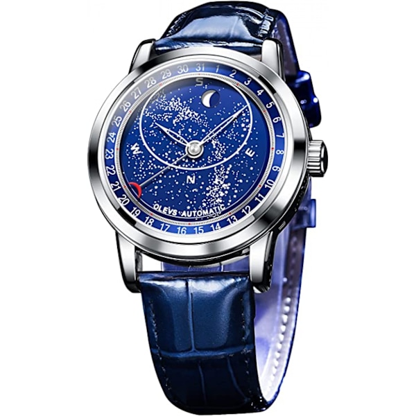 Starry Sky Moon Phase Men's Automatic Mechanical Watches Blue Leather Luxury Dress Waterproof Luminous Wrist Watches