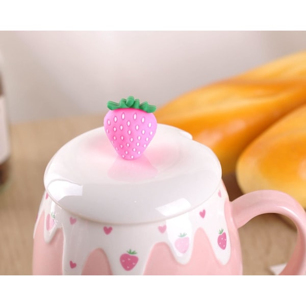 Rosa Kvinnlig Kaffekopp Mugg, Jordgubbe Koreansk Söt Student Keramik Frukostkopp med Lock och Sked – 450ml/15oz