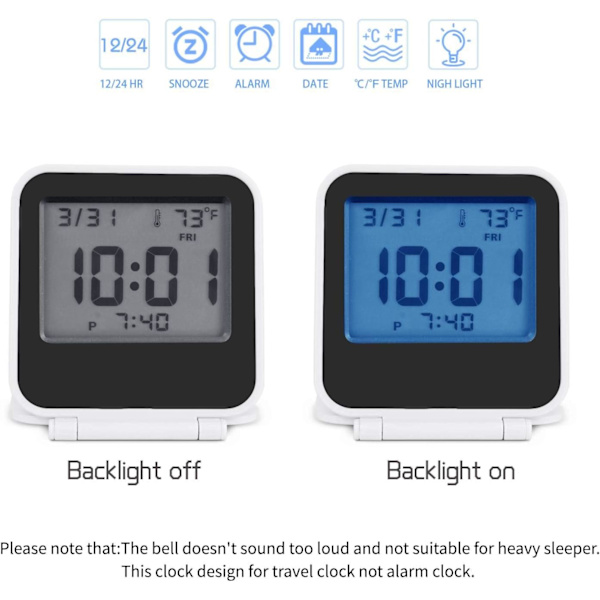 Pieni digitaalinen matka-herätyskello, paristokäyttöinen minimatkakello taustavaloilla, kannettava taittuva minitaskukalenterin lämpötilakello (valkoinen)