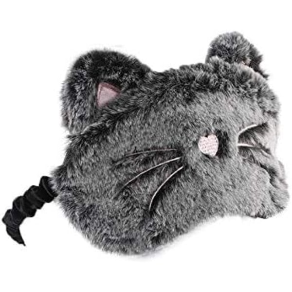 Söt Kanin Sovmask Plysch Ögonbindel Rese Sovmasker Supermjuk Rolig Ögonmask för Barn Flickor och Vuxna (Svart Grå katt