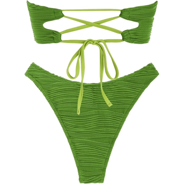 WJSMWomen 2-delad Bandeau-baddräkt Ribbad Spetsad Strapless Bandeau Bikini Set High Cut Baddräkter 1-light Green L