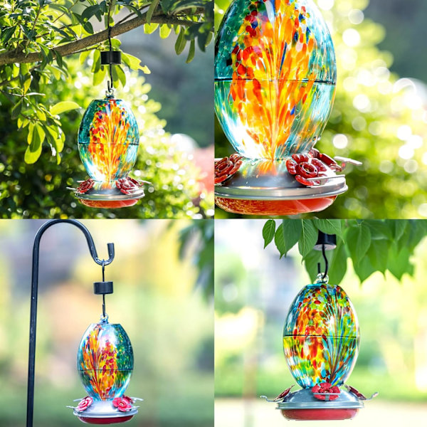 WJ Hummingbird Matare för Utomhus Hängande, Blown Glass Hummingbird Feeder, för Trädgård Bakgård Dekor, Unika Present Idéer för Mamma Äldre Kvinnor, 27OZ,