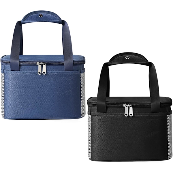 2 Pcs Black and Blue Thickened Reusable Insulated Lunch Bag for Women and Men Travel Picnic and Lunch Box (Small, Black and Blue)