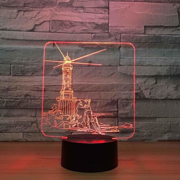 3D Illusion Nattlampa Kustfyrbyggnad LED Nattlampa Bordlampor Färgbyte Barnrum Spelrum Kontorsdekoration Lampa, Födelsedag