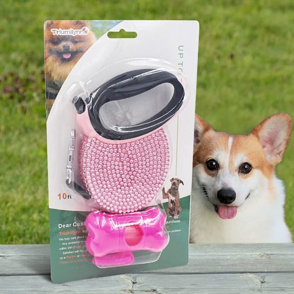 Rhinestone Retractable Hundkoppel Bling 10ft, Kattpromenadkoppel Rosa för Små Ras, Present Avfallspåsar Dispenser Ingår, 360° Trasselfri Medium