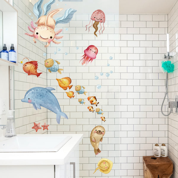 Tecknad Väggdekaler för undervattensfiskar för barnrum Badrum Heminredning Djur Pvc-väggdekaler Gör-det-själv-affischer Konst väggmålning