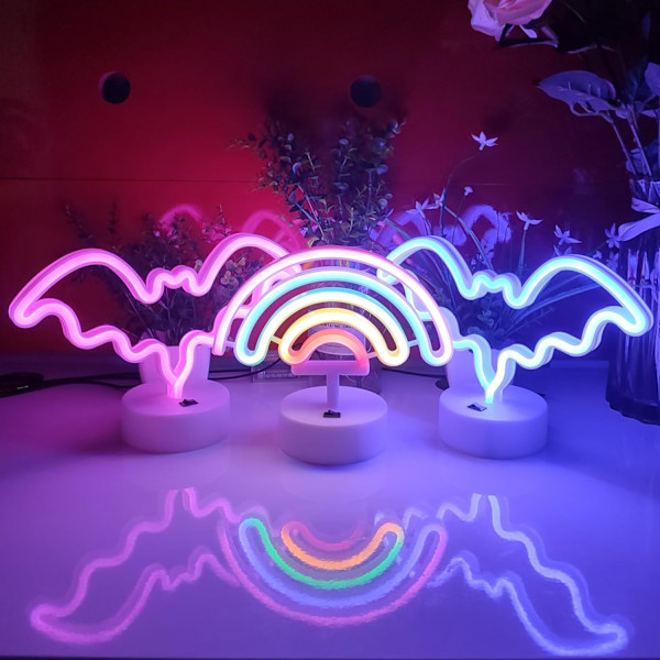 Neon Skilte med Holderbase, USB eller 3-AA Batteridrevet Neonlys, LED Borddekoration, Soveværelsesvægdekoration (Regnbue)