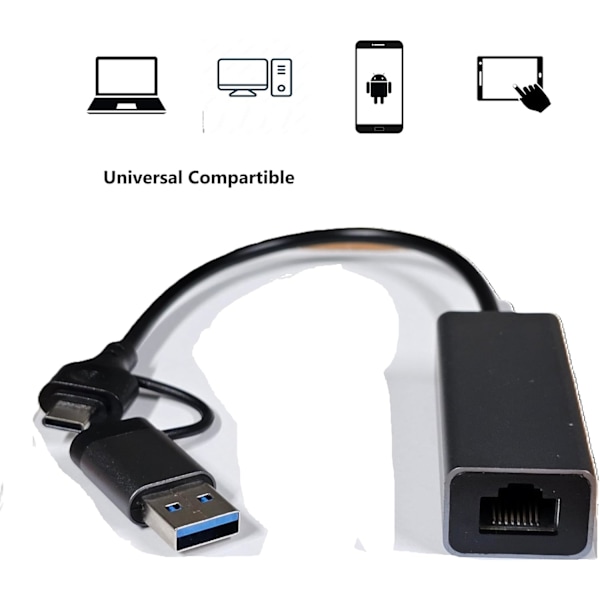 USB C/A Ethernet-adapter LAN-netværk RJ45, til smartphone, tablet, pc, spillekonsol