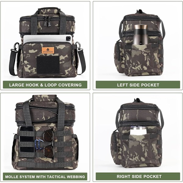 Taktisk lunchlåda, stor expanderbar isolerad lunchväska, hållbar vattentät läckagesäker kylväska för vuxna/män/kvinnor/arbets utomhus picknickresor, 20 Black Camo 15L