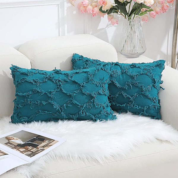 Wekity Teal koristetyynynpäälliset 12 x 20 tuumaa 2 kappaleen pakkaus Boho-tyynynpäälliset sohvalle ja sohvalle, 100 % puuvillaa