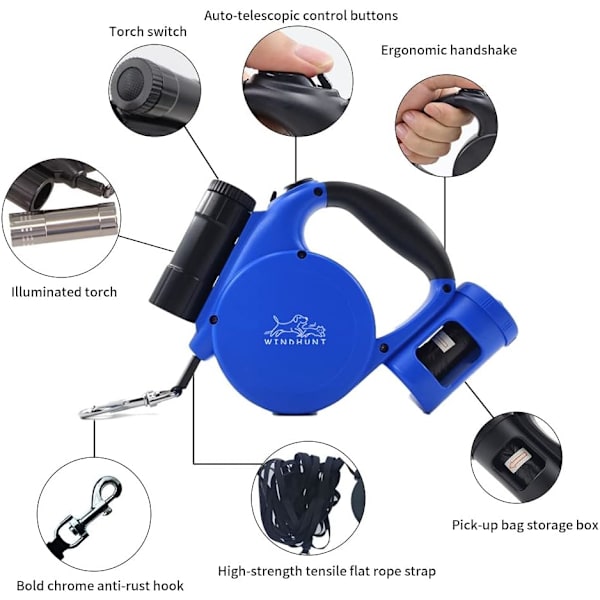 Inntrekkbar hundebånd med lommelykt, dispenser og hundepose, slitesterk nylonbånd for små, mellomstore hunder og katter, enhåndsbrems og lås. 360°Tang blue