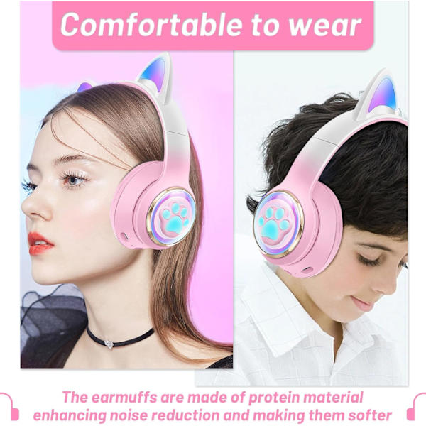 Bluetooth-hodetelefoner for barn, søte ørekatteører LED-lys opp sammenleggbare hodetelefoner Stereo Over Ear med mikrofon/TF-kort Trådløse hodetelefoner for iPhon Soft Pink