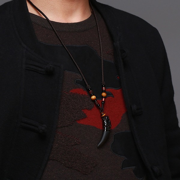 Svart Obsidian Enkel Stil Varg Tand Halsband Naturlig Sten Healing Kristall Hänge med Snöre Unisex