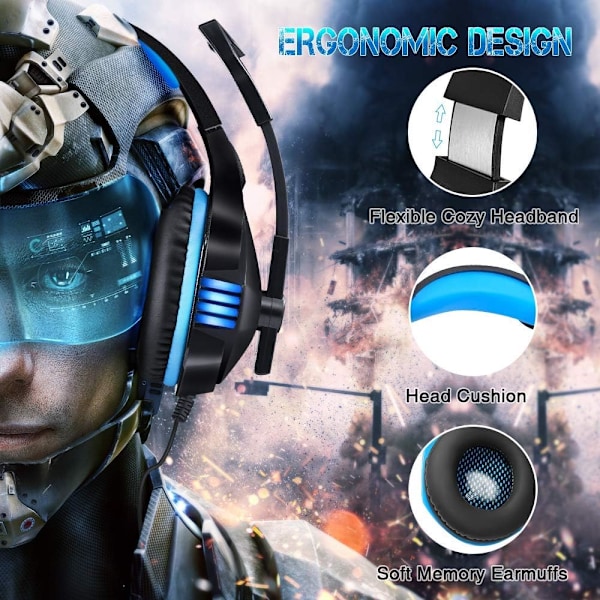 Gaming Headset til Xbox One, PS4, PC, Over Ear Gaming Hovedtelefoner med Støjreducerende Mikrofon LED Lys, Stereo Bas Surround, Bløde Memory Øremuffer til