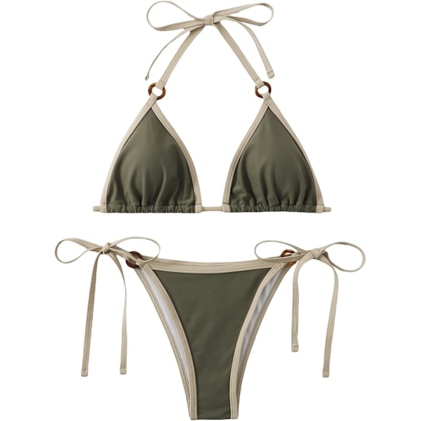 WJSM Dame Halter Binde Side Trekant Bikini Sæt Høj Skæring 2 Del Bikini Badetøj Ring Army Green L