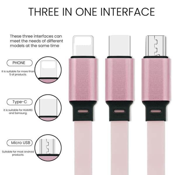 3-i-1 universell uttrekkbar USB-ladekabel, 1 meter, 2A (IP+Type-C+Micro-USB) - Rosa