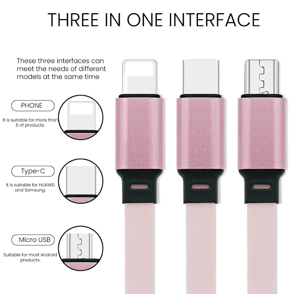 3 in 1 Universaalinen sisäänvedettävä USB-latauskaapeli, 3,3 jalkaa/1M, 2A (IP+Type-C+Micro-USB) - Pinkki