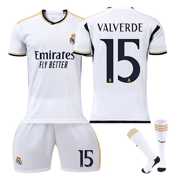 23/24 Real Madrid Barn- och Vuxenträningskläder Sportkläder Set med Strumpor No.15 VALVERDE 16